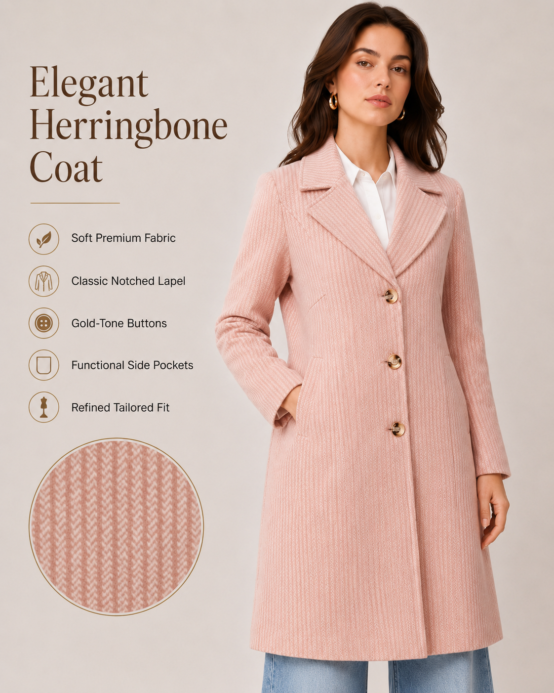 BRAVON Women's Elegant Pink Herringbone Coat