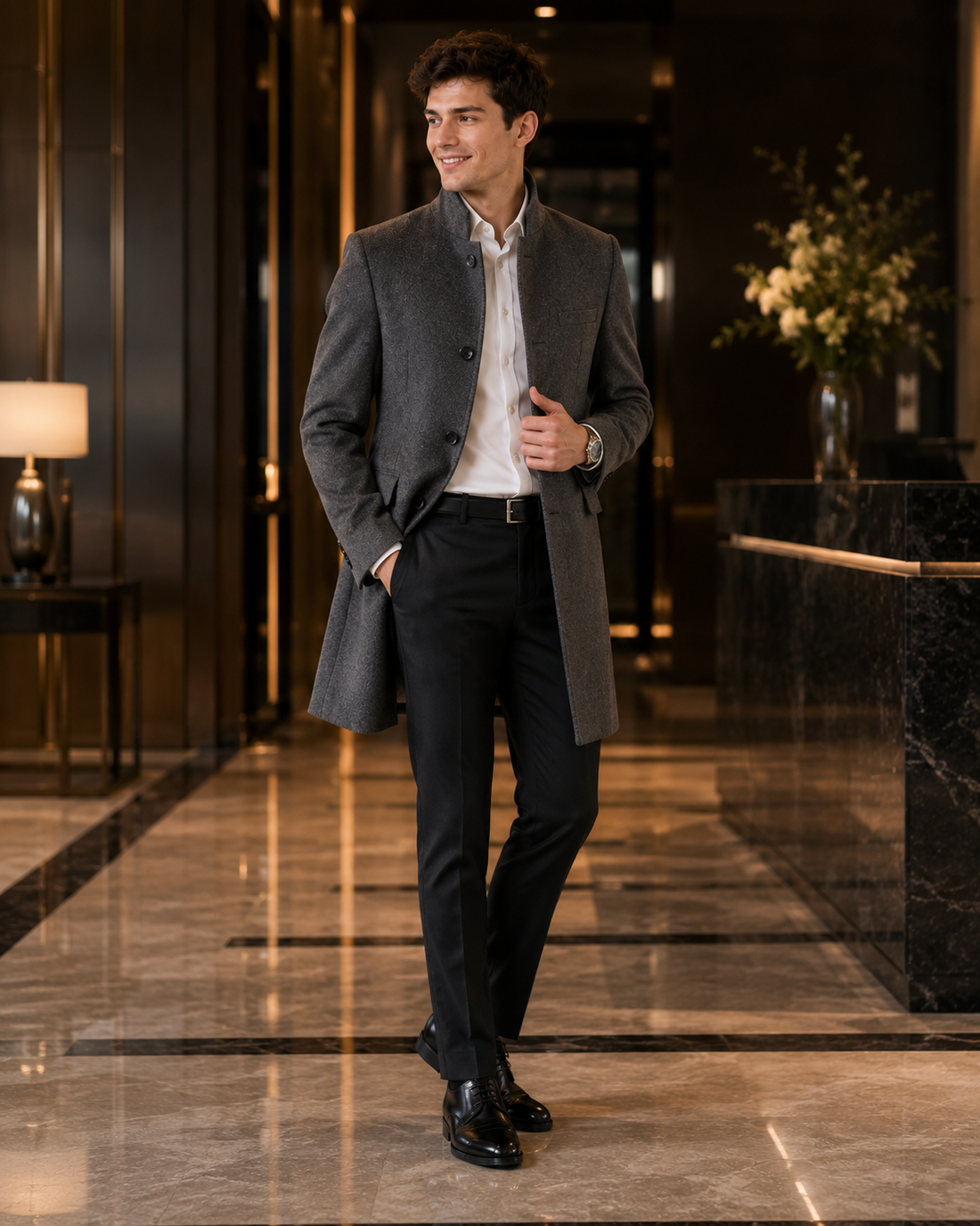 Coat with formal shoes