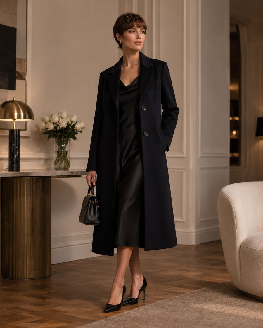Coat with dress and heels